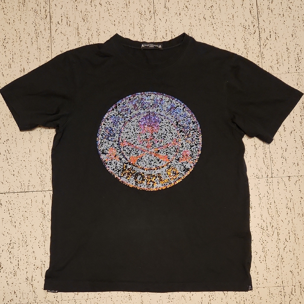 Mastermind World Black Jeweled Shiny Skull Spellout Logo Crewneck T-Shirt